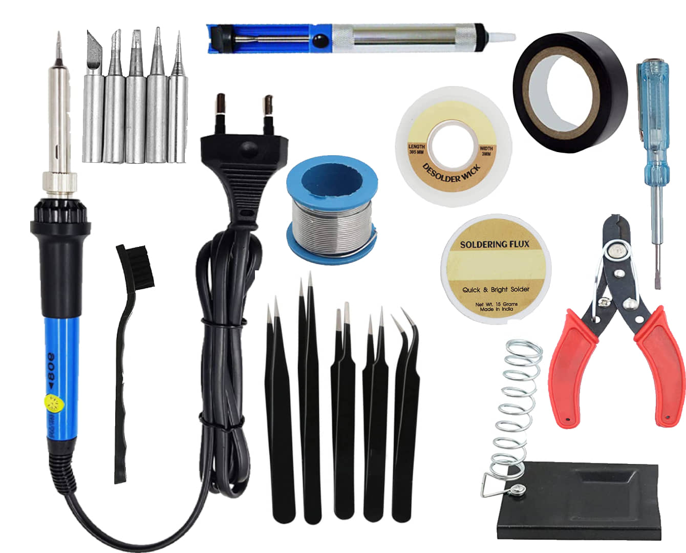 ALDECO: ( 20 in 1 ) 25 Watt Soldering Iron Kit With- Heavy Iron, 5 Pcs Bit Set, Wire, Flux, Wick, Stand, Tape, Cutter, Tester, Desoldering Pump, Brush, 5 Pcs Tweezer Set