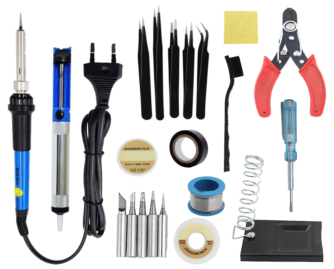 ALDECO: ( 21 in 1 ) SOLDERING IRON 25 Watt Professional Kit - Heavy Iron, 5 Pcs Bit set, Wire, Flux, Wick, Stand, Tape, Cutter, Tester, Desoldering Pump, Sponge, Brush, 5 Pcs Tweezer Set