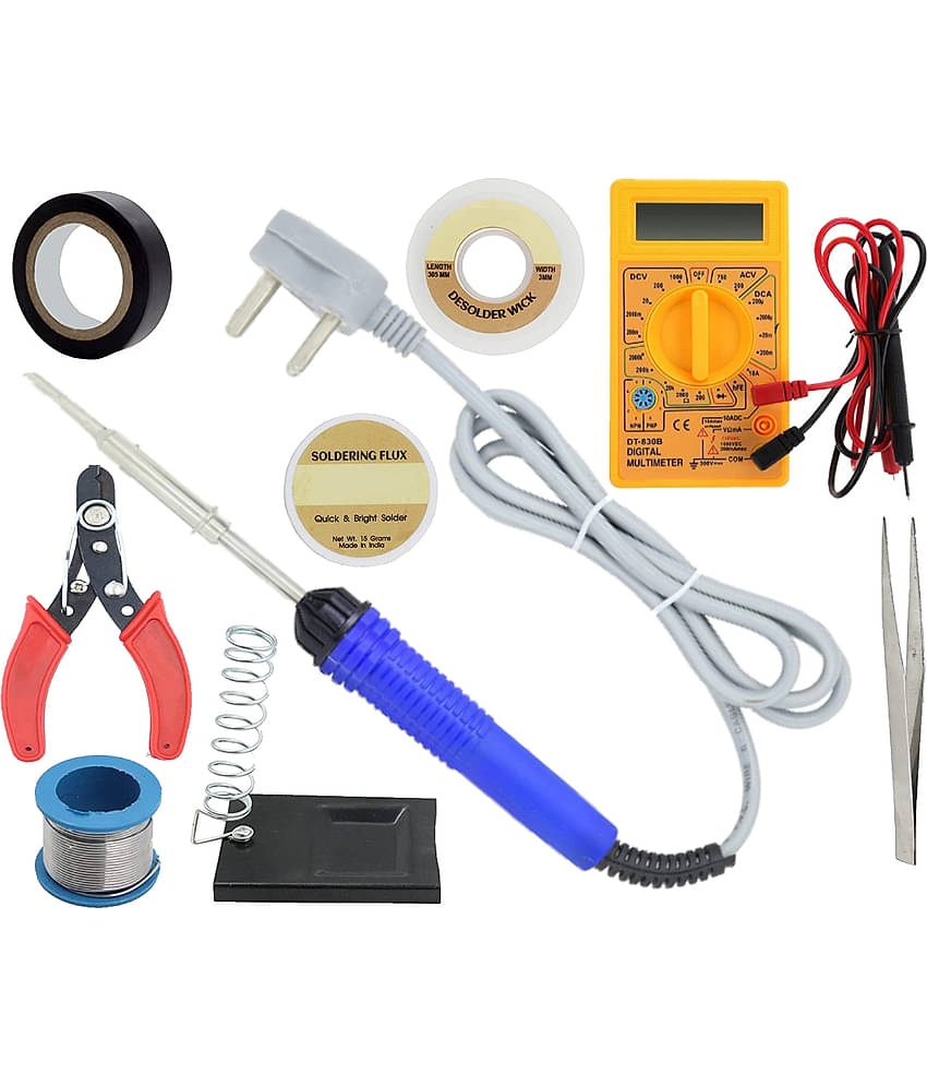 ALDECO: ( 9 in 1 ) 25 Watt Soldering Iron Kit With- Blue Iron, Wire, flux, Wick, Stand, Cutter, Tape, Digital Multimeter, Tweezer