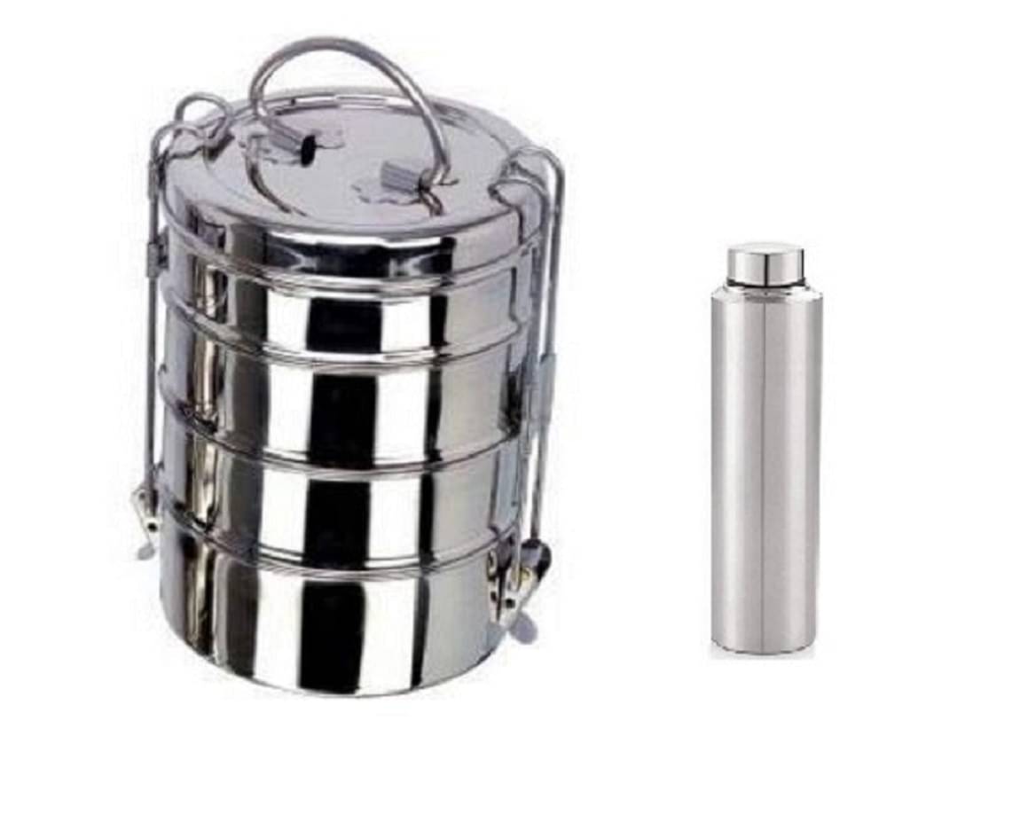 Dynore - Tiffin with bottle Silver Stainless Steel Lunch Box ( Pack of 2 ) 2790 ml Dynore - Tiffin with bottle Silver Stainless Steel Lunch Box ( Pack of 2 ) 2790 ml