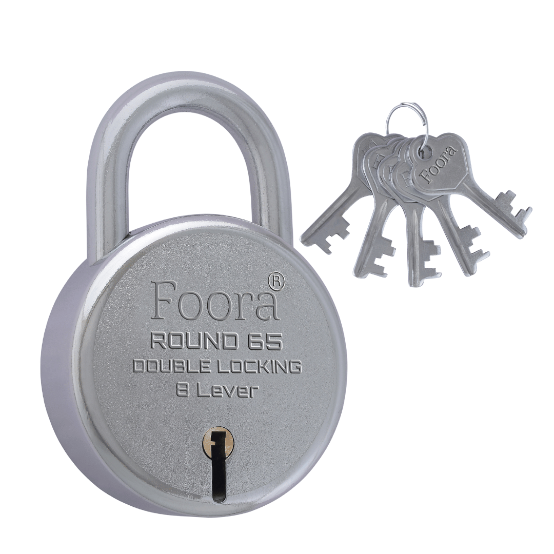 Foora Round 65mm Padlock – 1 Lock with 5 Keys | 8 Lever Double Locking | Heavy Duty Metal Body | Rust-Resistant | Secure Door Lock for Home, Gate & Shop Shutter Foora Round 65mm Padlock – 1 Lock with 5 Keys | 8 Lever Double Locking | Heavy Duty Metal Body | Rust-Resistant | Secure Door Lock for Home, Gate & Shop Shutter