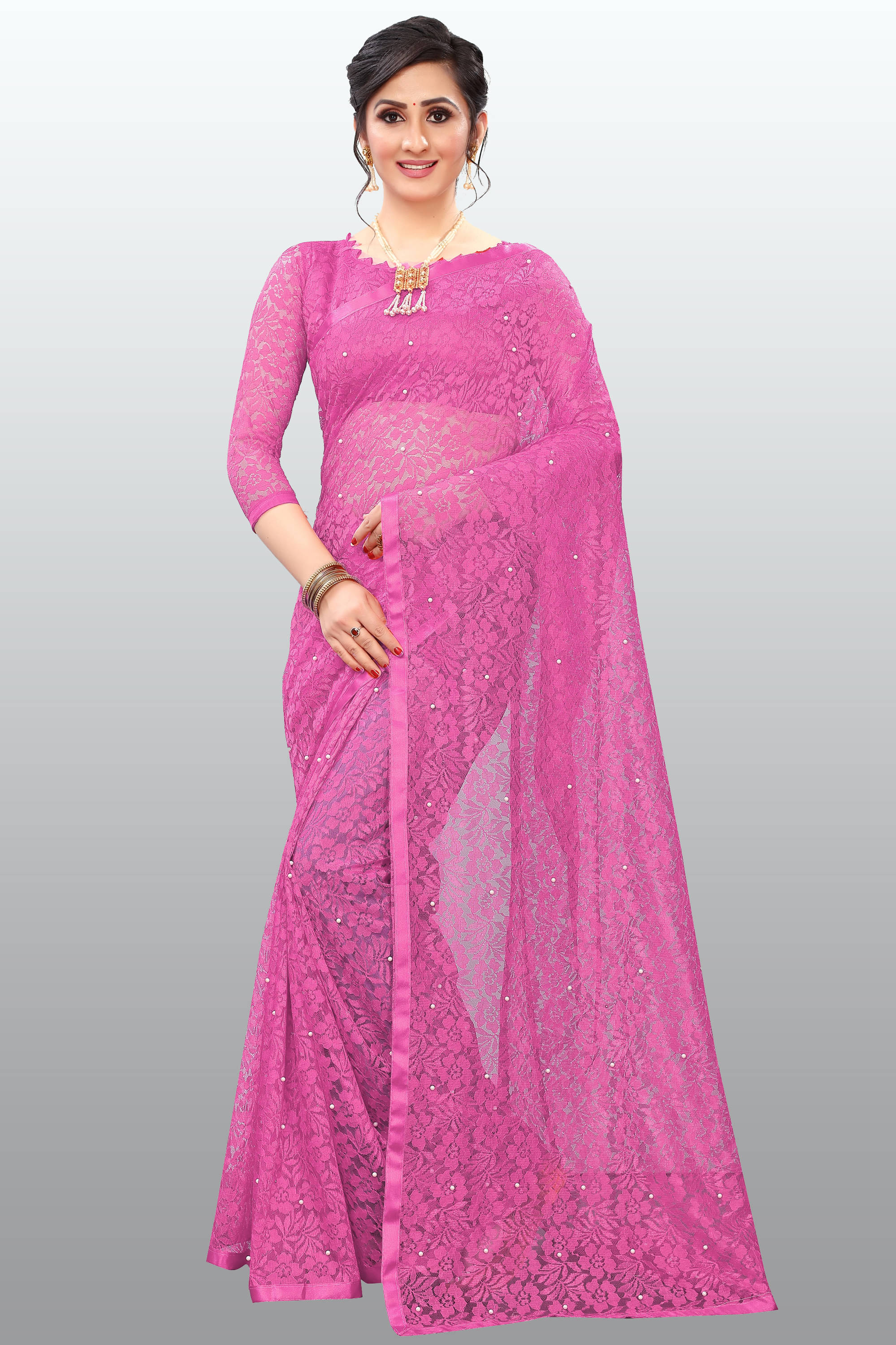Indy Bliss Net Self Design Saree With Unstitched Blouse Piece ( Fluorescent Pink ) Indy Bliss Net Self Design Saree With Unstitched Blouse Piece ( Fluorescent Pink )