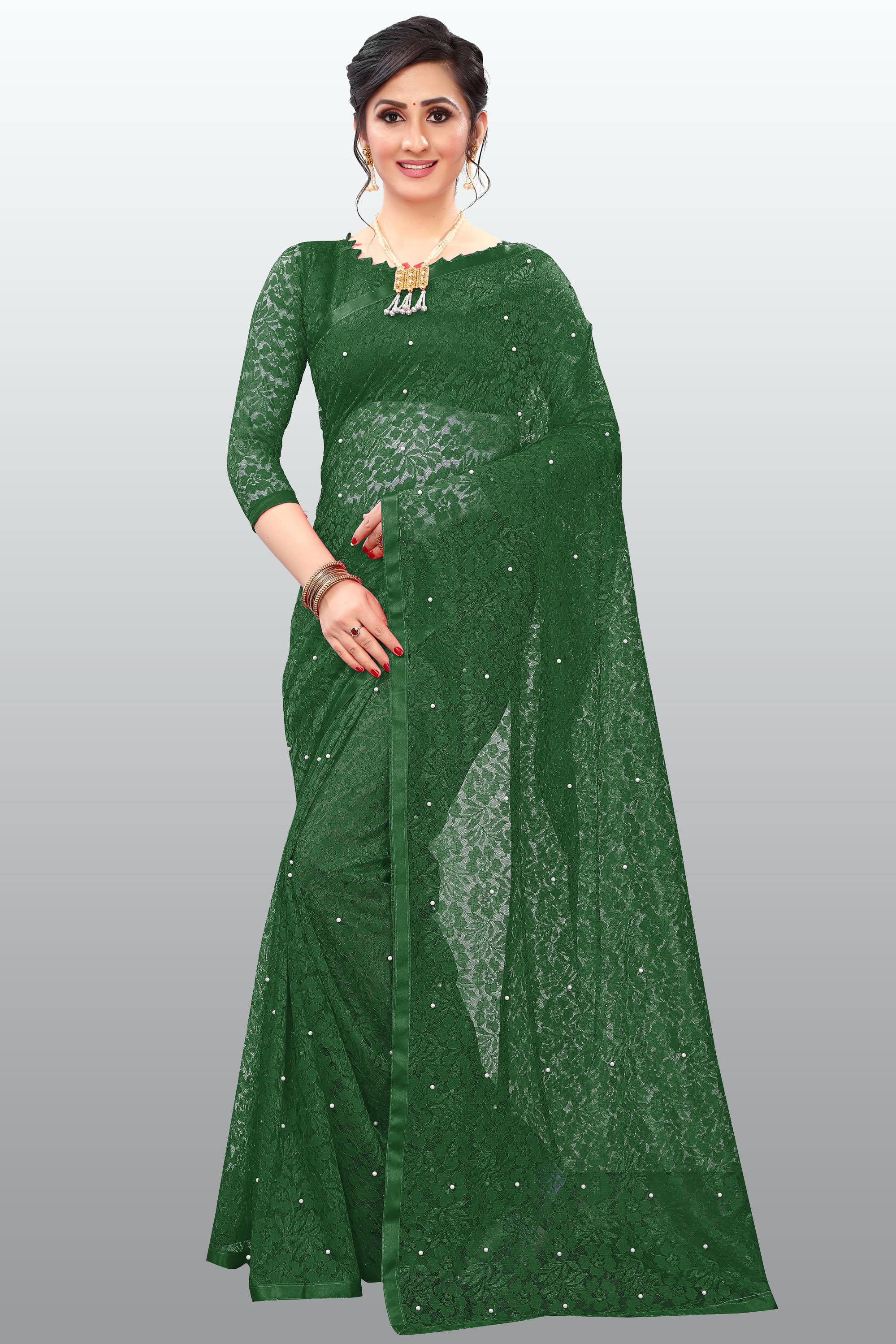    			Indy Bliss Net Self Design Saree With Unstitched Blouse Piece ( Green )