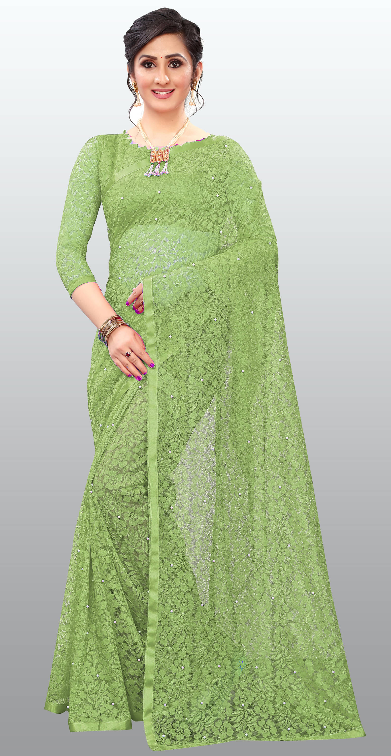     			Indy Bliss Net Self Design Saree With Unstitched Blouse Piece ( LightGreen )