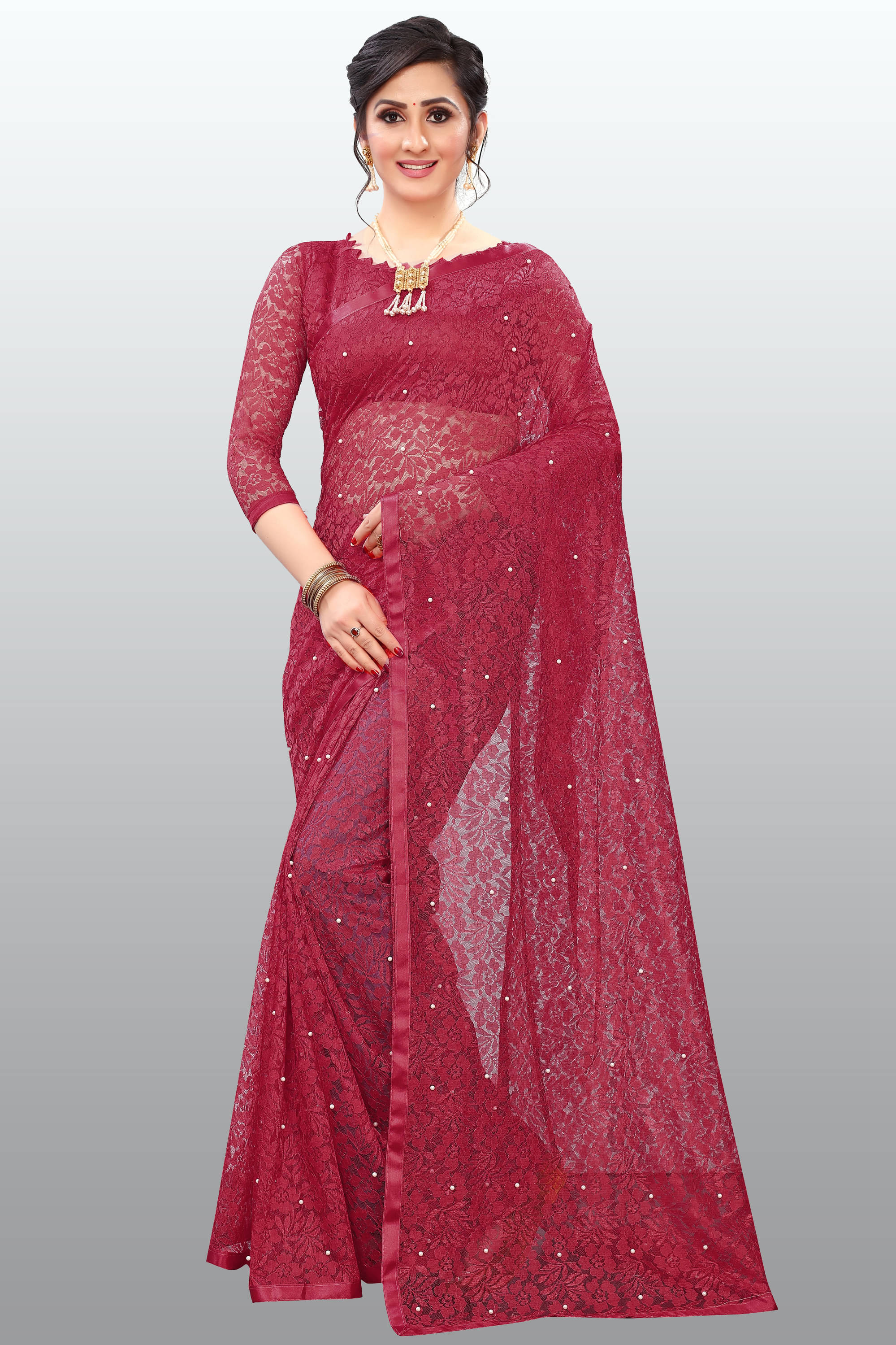     			Indy Bliss Net Self Design Saree With Unstitched Blouse Piece ( Maroon )
