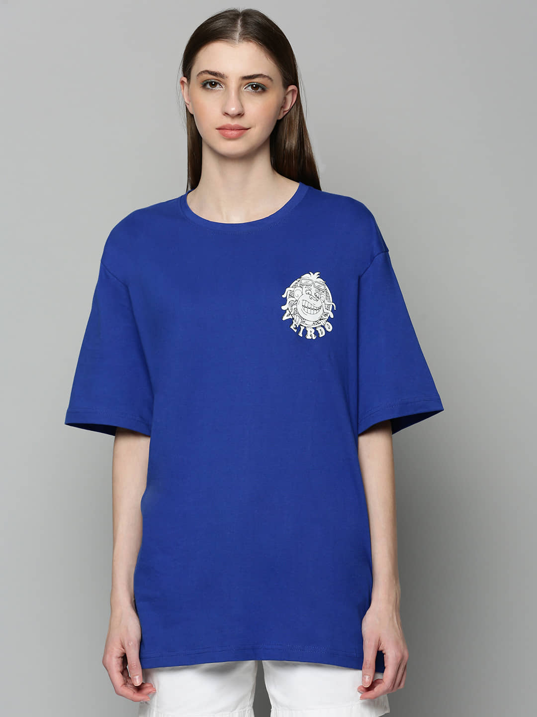 JUNEBERRY Women Cotton Printed Oversized Fit Round Neck T-Shirt ( Blue )