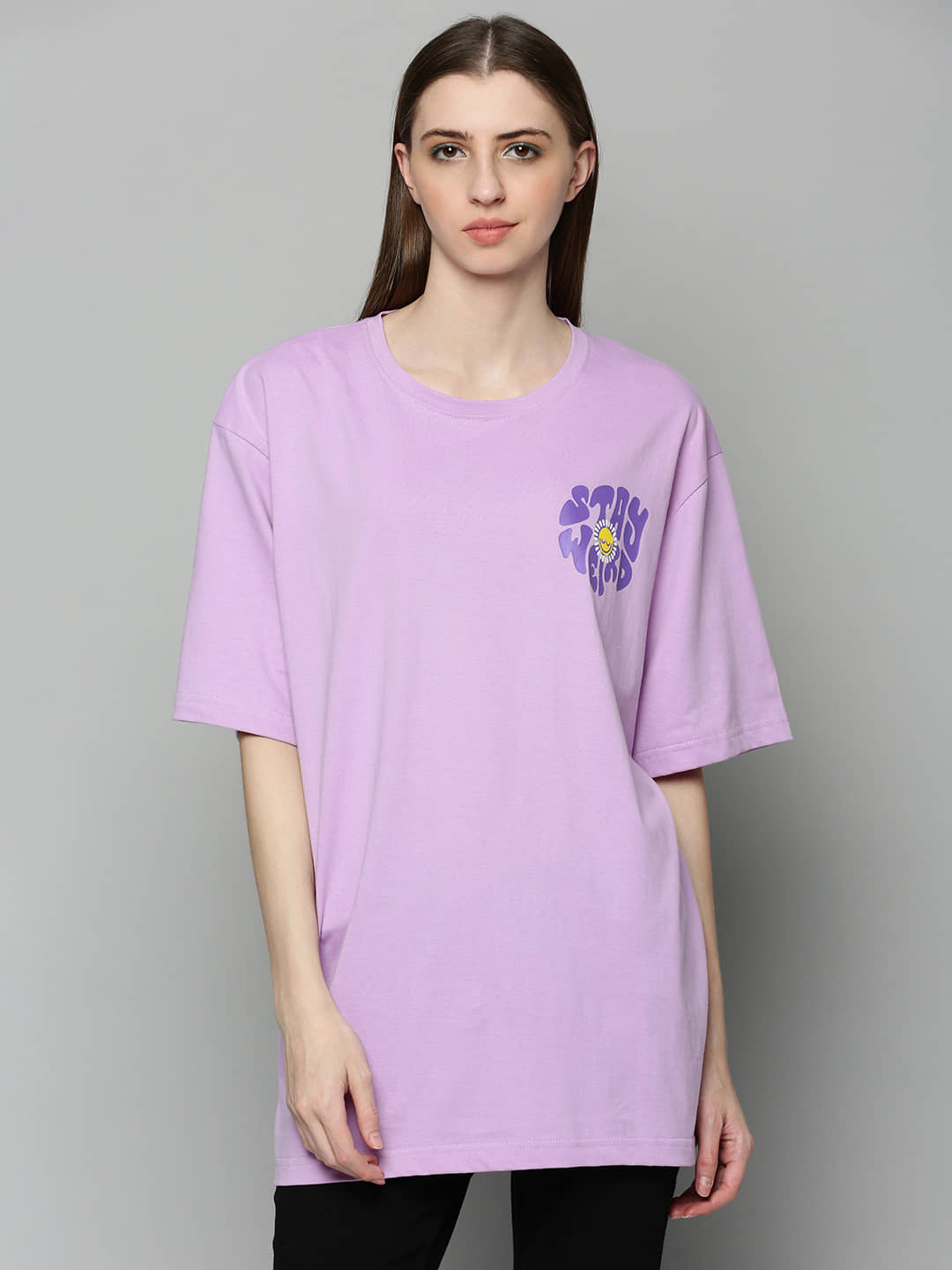 JUNEBERRY Women Cotton Printed Oversized Fit Round Neck T-Shirt ( Purple )
