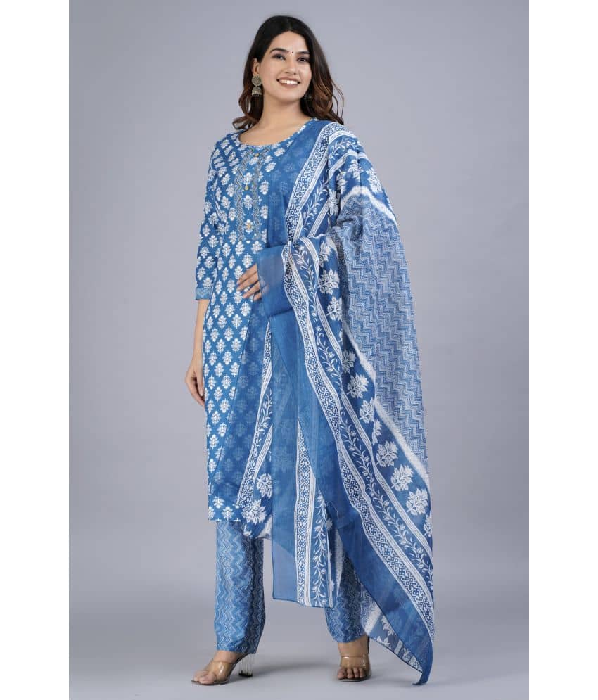 Mishree Collection - Blue Straight Cotton Women's Stitched Salwar Suit ( Pack of 1 )