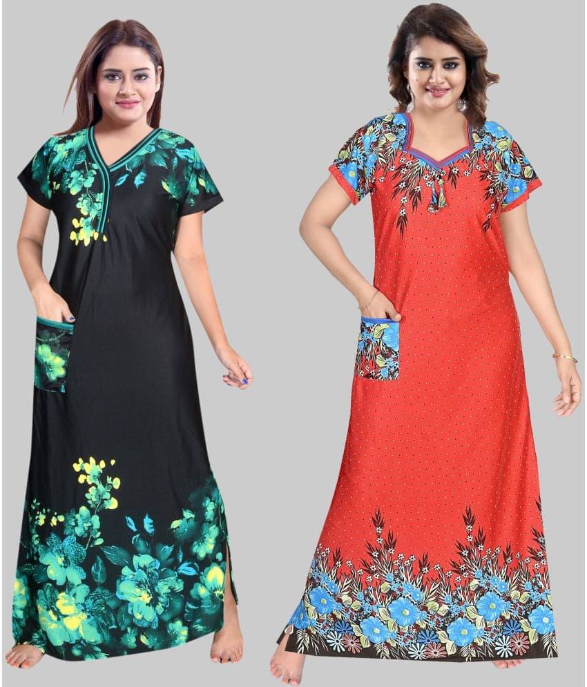 PURSA - Green Satin Women's Nightwear Nighty & Night Gowns ( Pack of 2 ) PURSA - Green Satin Women's Nightwear Nighty & Night Gowns ( Pack of 2 )