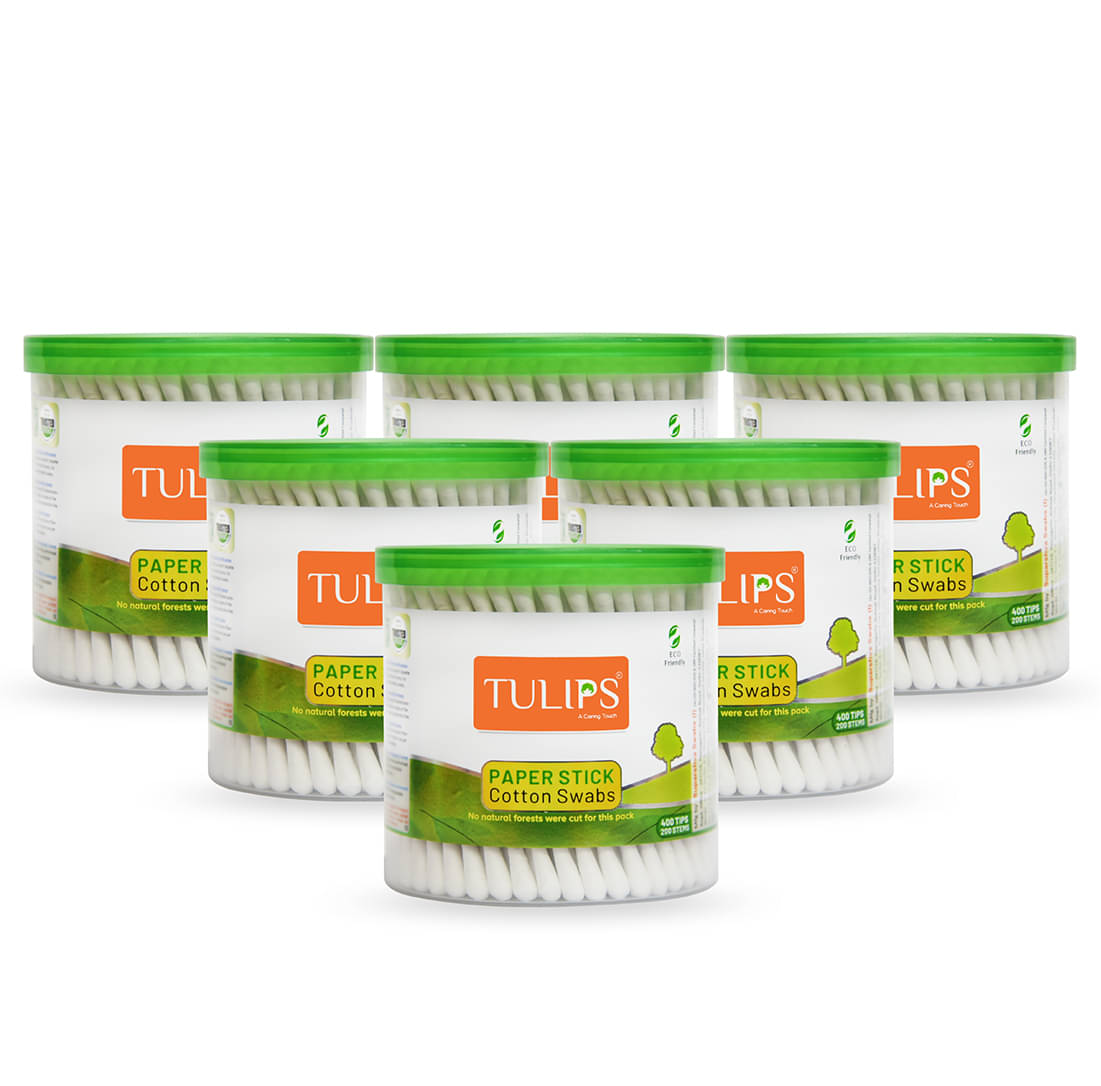     			TULIPS Cotton Ear Buds/Swabs {pack of 6}, with White PAPER Sticks {200/400 Tips} in a Jar
