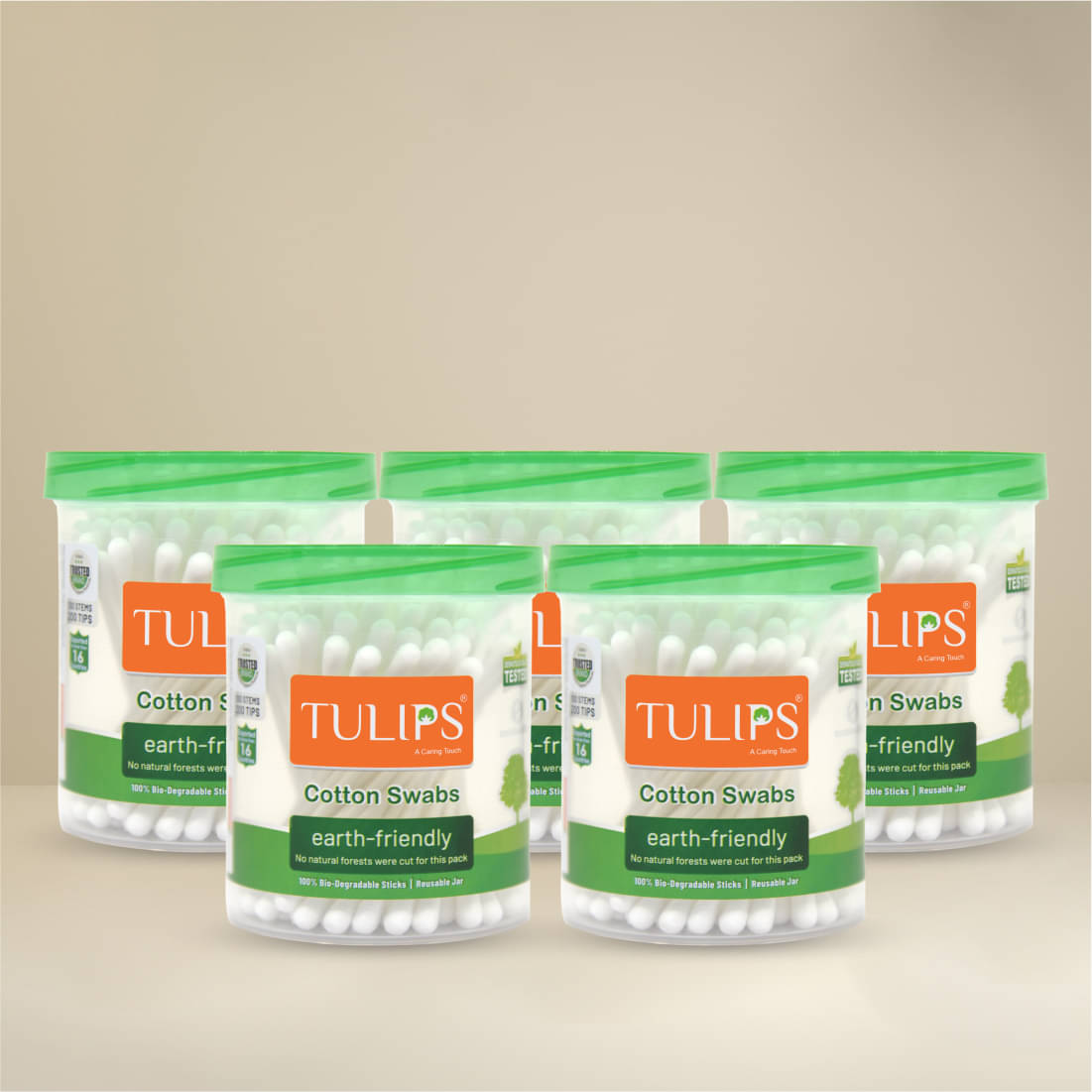     			TULIPS Cotton Ear Buds/Swabs {pack of 5} with White PAPER Sticks {100/200 Tips} in a Jar