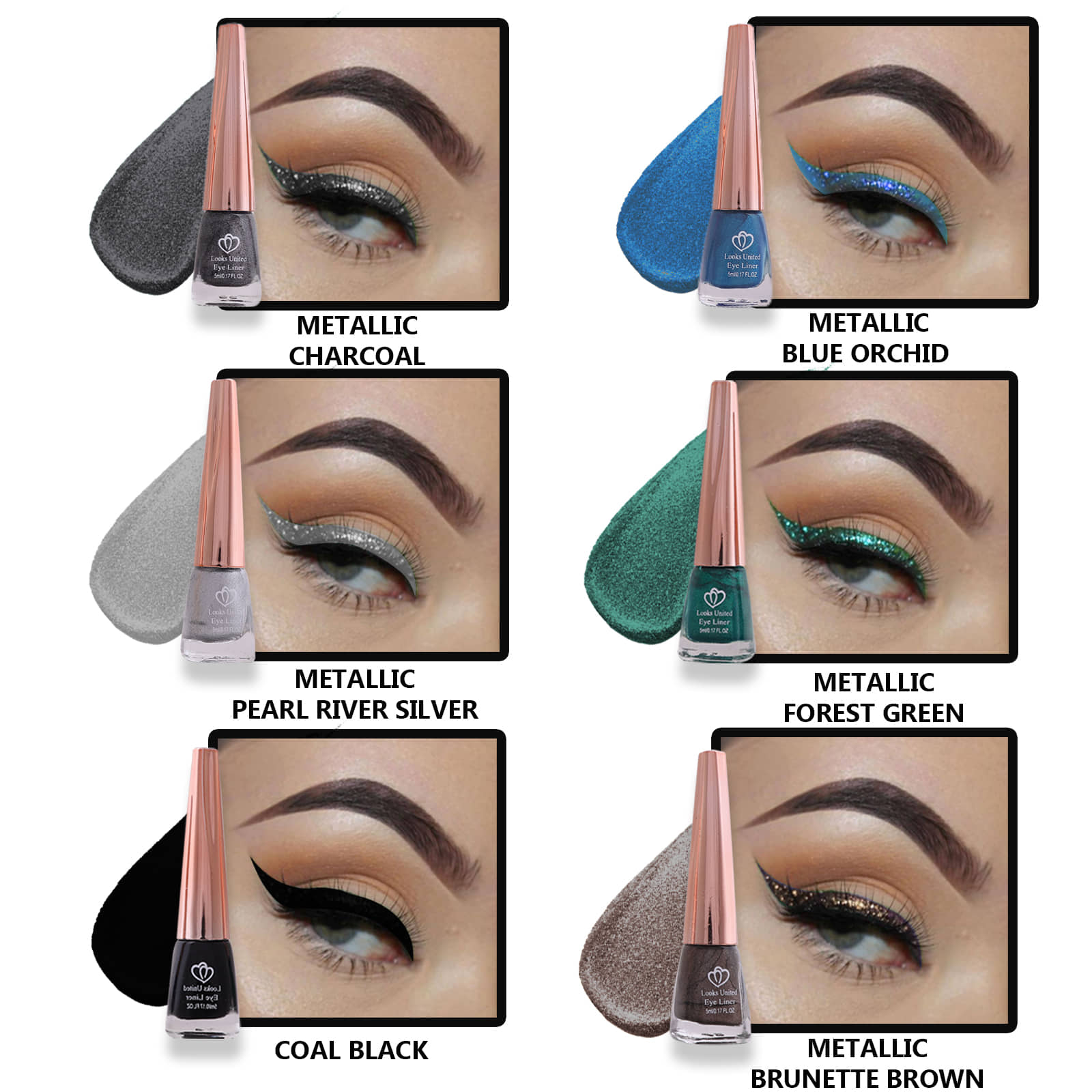 Looks United - Brown Metalic Eye Liner Liquid ( Pack of 6 ) - Makeup - Eyes | Buy online on ZillyBuy