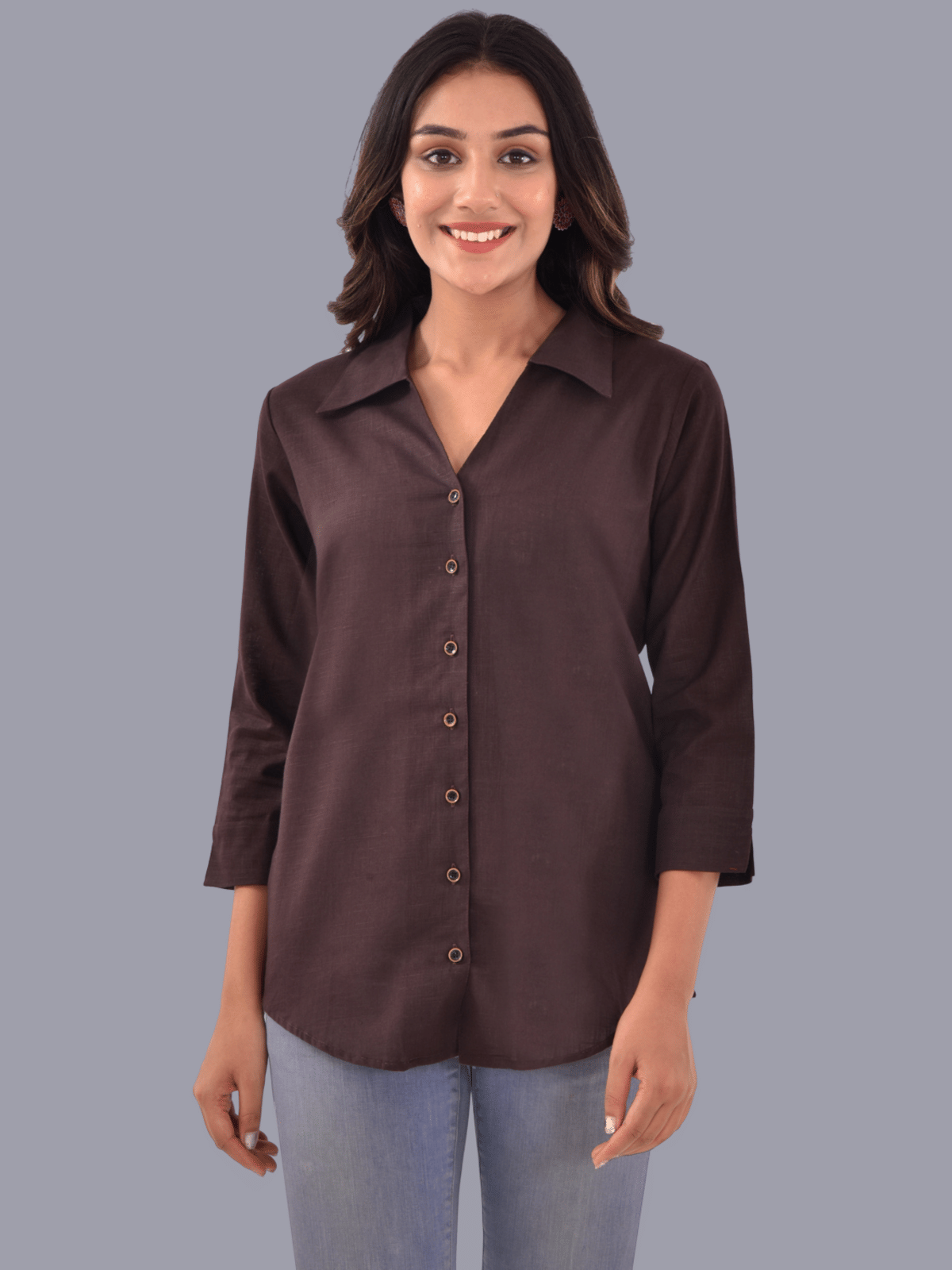 QuaClo Women Solid Cotton Shirt ( Brown ) QuaClo Women Solid Cotton Shirt ( Brown )