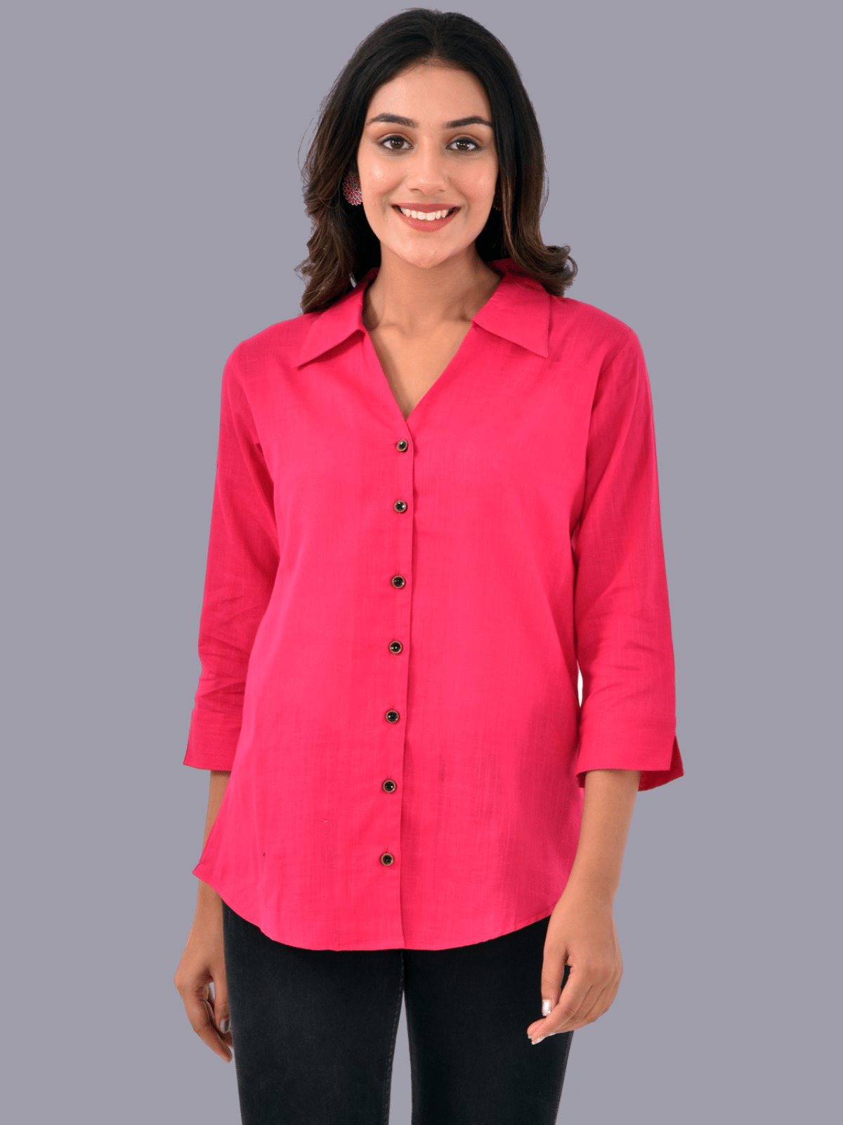QuaClo Women Solid Cotton Shirt ( Pink )