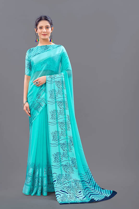 Sanjana Silk Georgette Printed Saree With Unstitched Blouse Piece ( Blue ) - Sarees | Buy online on ZillyBuy
