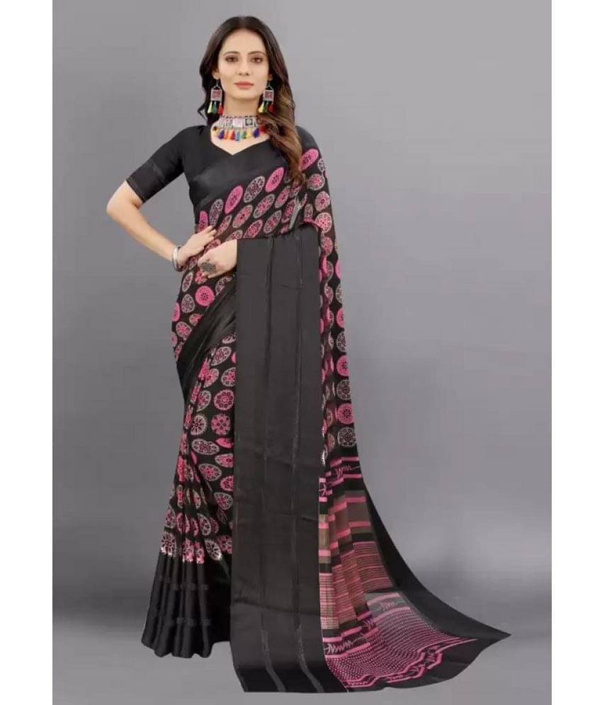     			Sitanjali Lifestyle Georgette Printed Saree With Unstitched Blouse Piece ( Black )