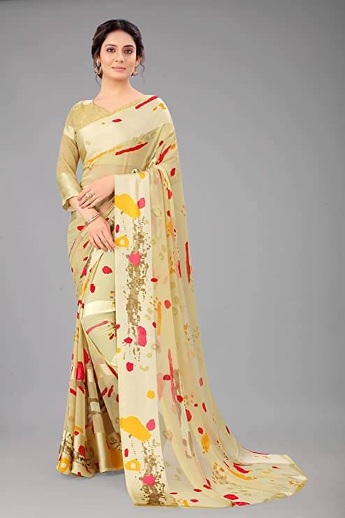 Sitanjali Lifestyle Georgette Printed Saree With Unstitched Blouse Piece ( Cream ) Sitanjali Lifestyle Georgette Printed Saree With Unstitched Blouse Piece ( Cream )