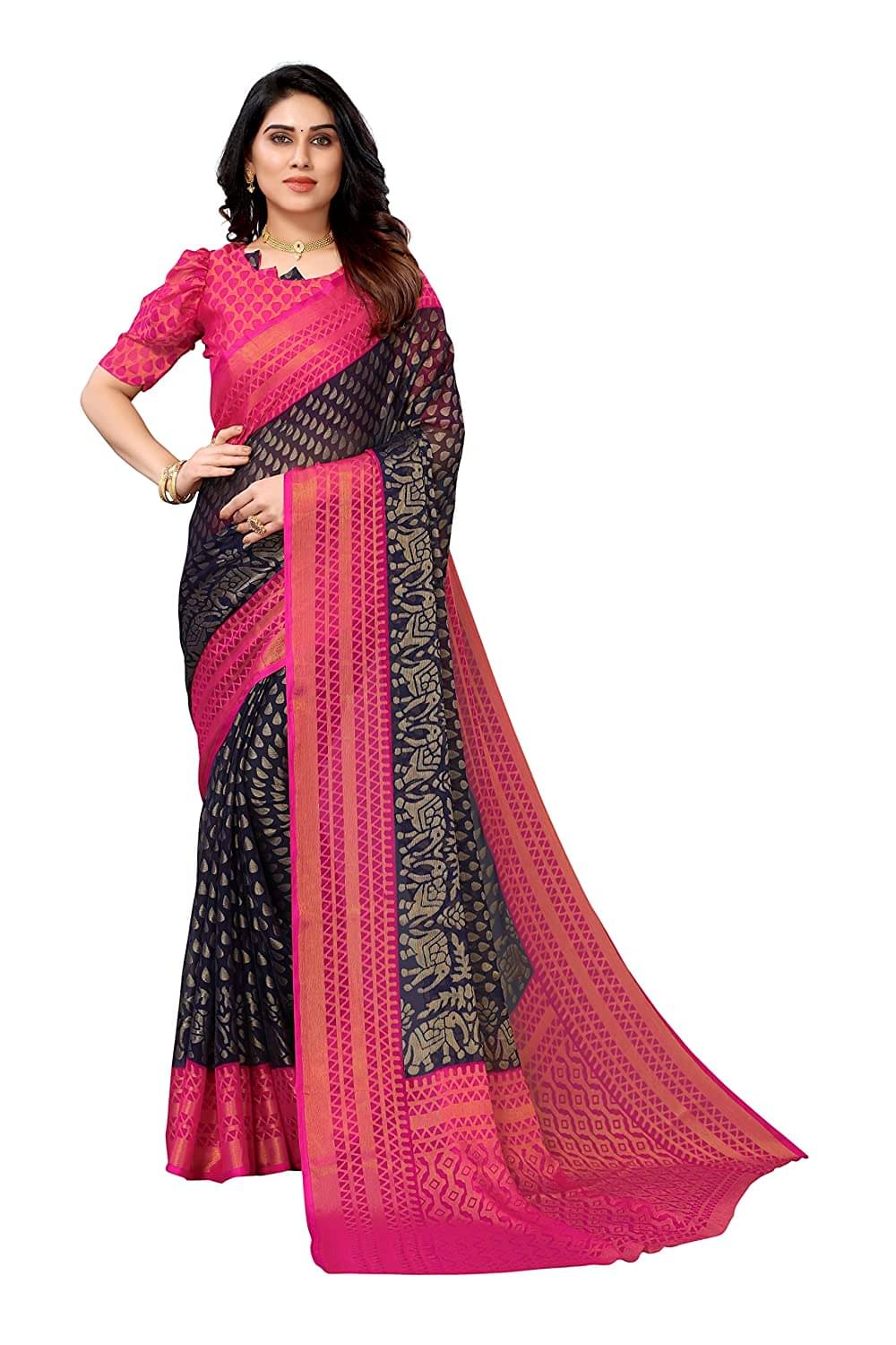 Sitanjali Lifestyle Brasso Printed Saree With Unstitched Blouse Piece ( Navy Blue ) Sitanjali Lifestyle Brasso Printed Saree With Unstitched Blouse Piece ( Navy Blue )