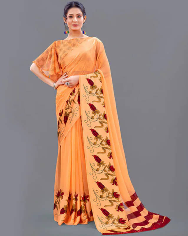 Sitanjali Lifestyle Georgette Printed Saree With Unstitched Blouse Piece ( Orange ) - Sarees | Buy online on ZillyBuy