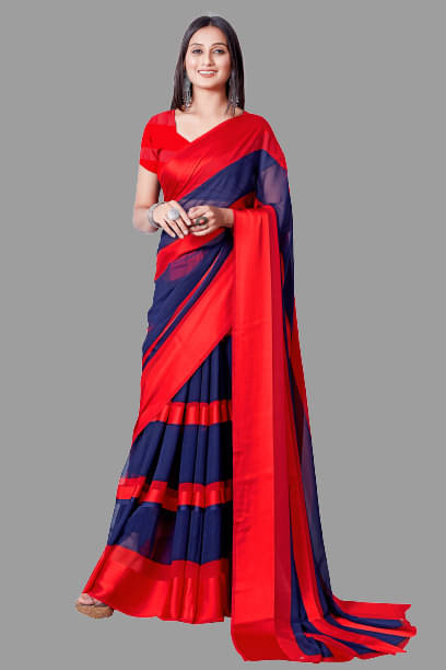     			Sitanjali Lifestyle Georgette Striped Saree With Unstitched Blouse Piece ( Red )