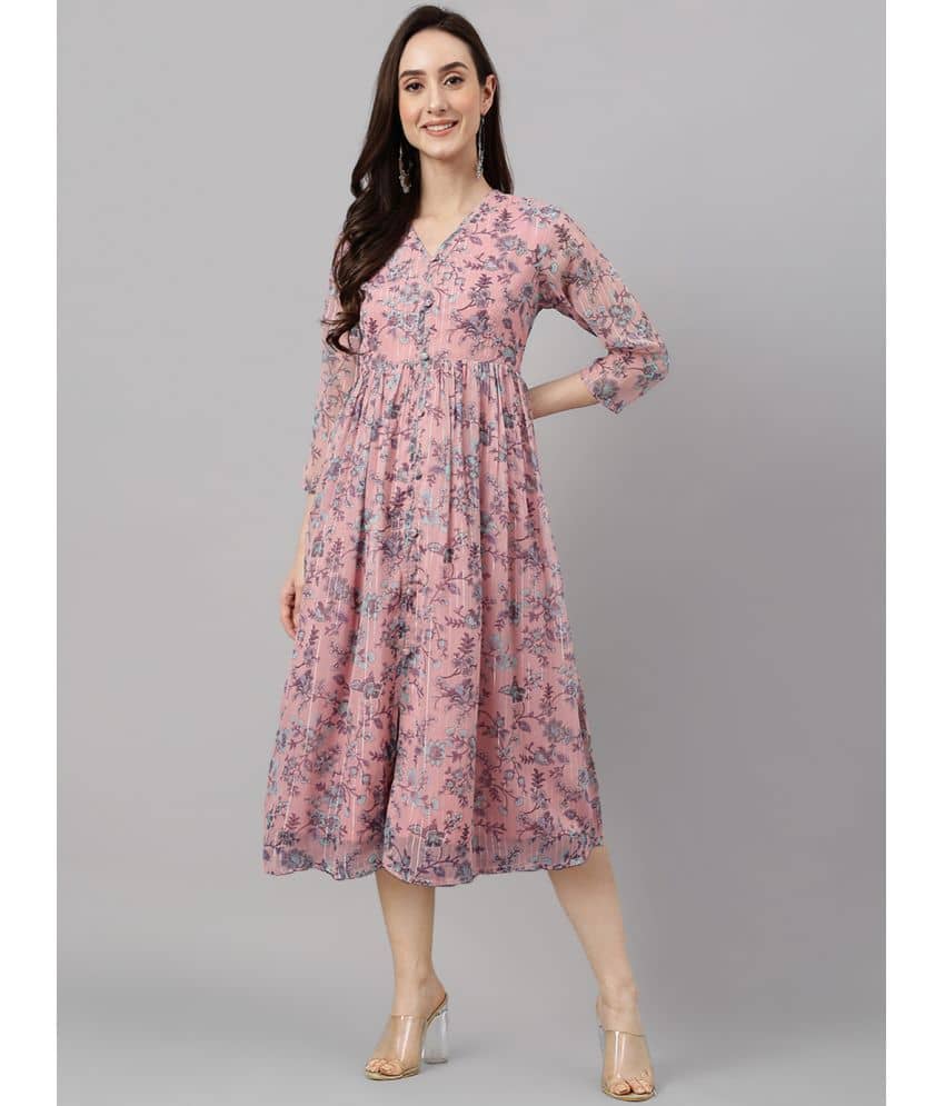 Janasya Women Chiffon Printed Fit & Flare Dress ( Pink )