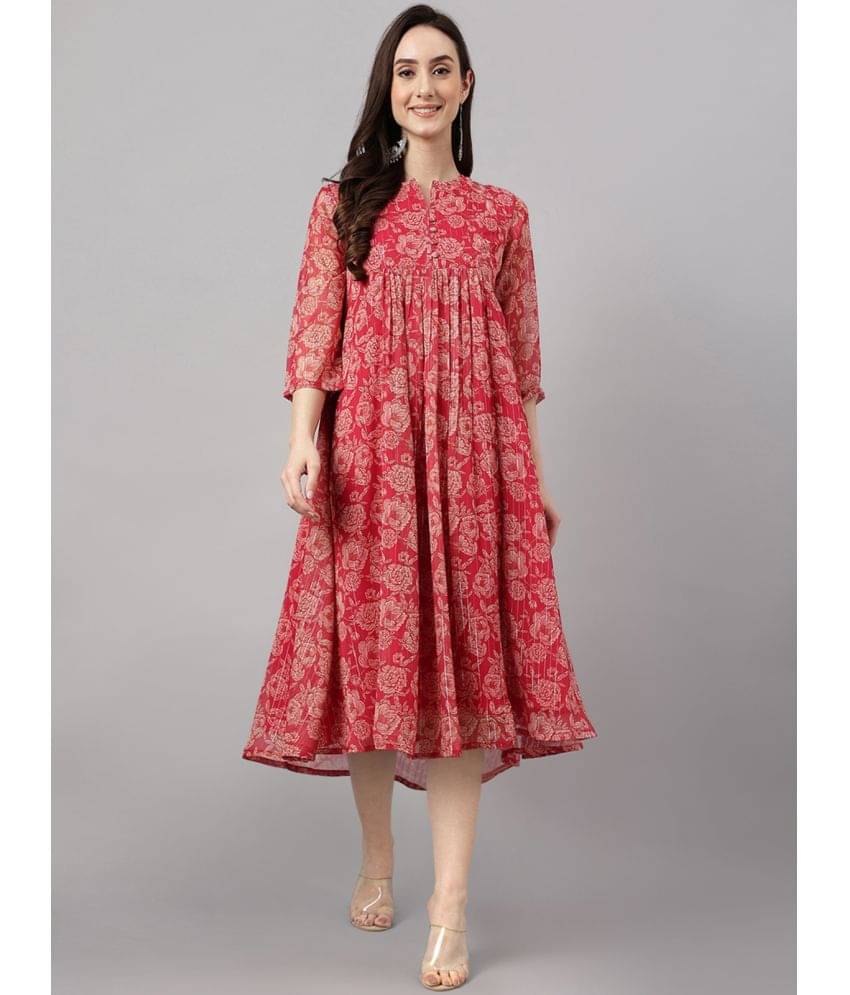     			Janasya Women Chiffon Printed Fit & Flare Dress ( Pink )