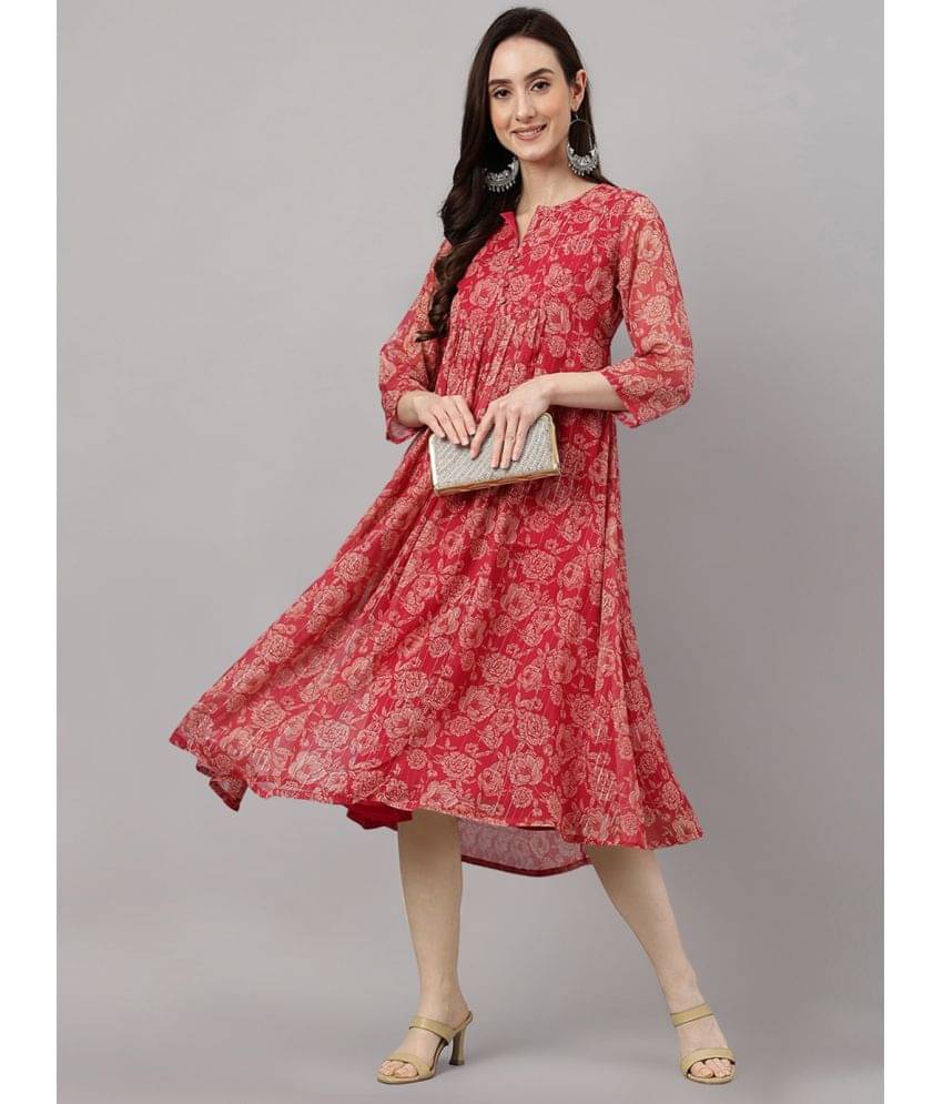 Janasya Women Chiffon Printed Fit & Flare Dress ( Pink )     			Janasya Women Chiffon Printed Fit & Flare Dress ( Pink )