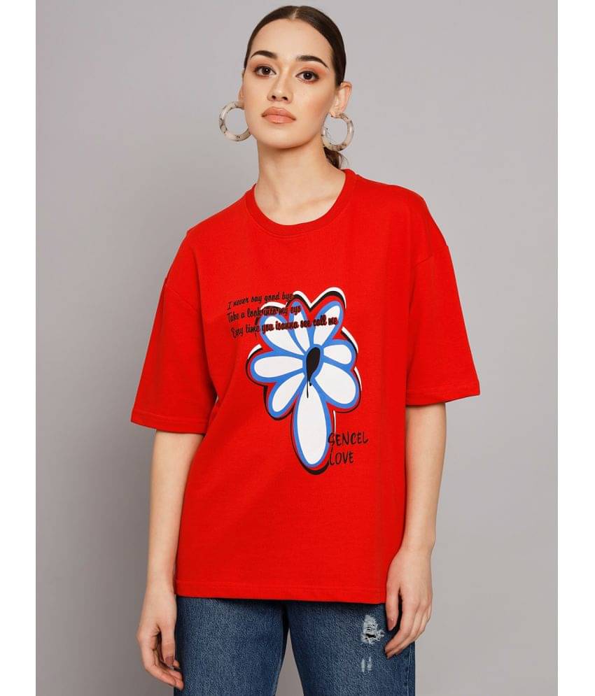     			OBAAN Women Cotton Blend Printed Oversized Fit Round Neck T-Shirt ( Red )