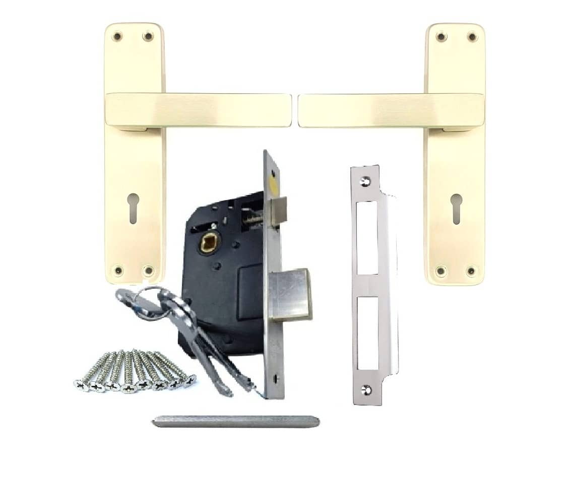 Onmax Stainless Steel 7 inches High Quality Premium Range Matt Satin Silver Finish with Slim Mortise Door Lock Set and 6 Lever Double Action Brass Latch Brass Bhogli Lockset (SML6+SS703MSS)