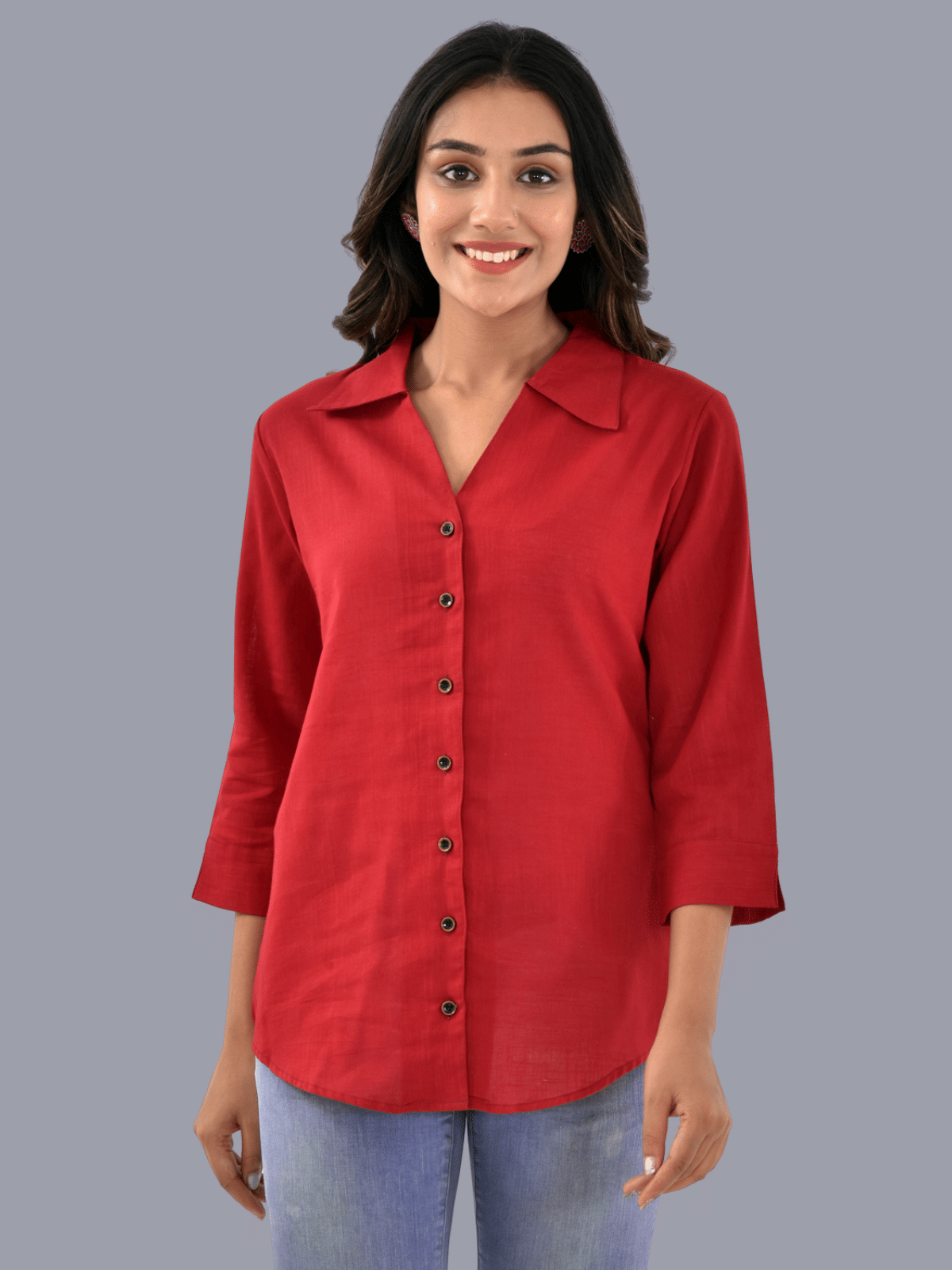QuaClo Women Solid Cotton Shirt ( Maroon )