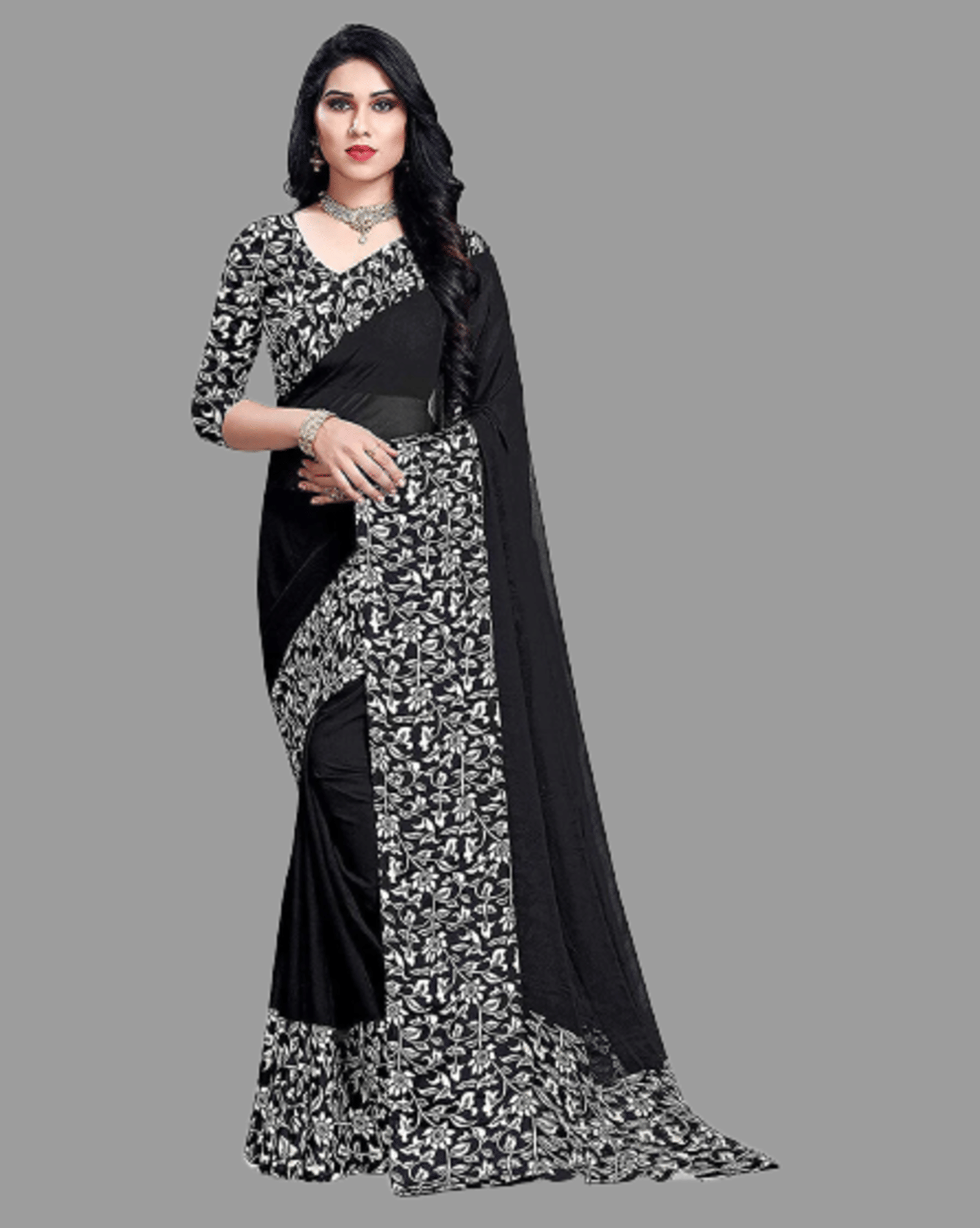     			Sanjana Silk Georgette Printed Saree With Unstitched Blouse Piece ( Black )