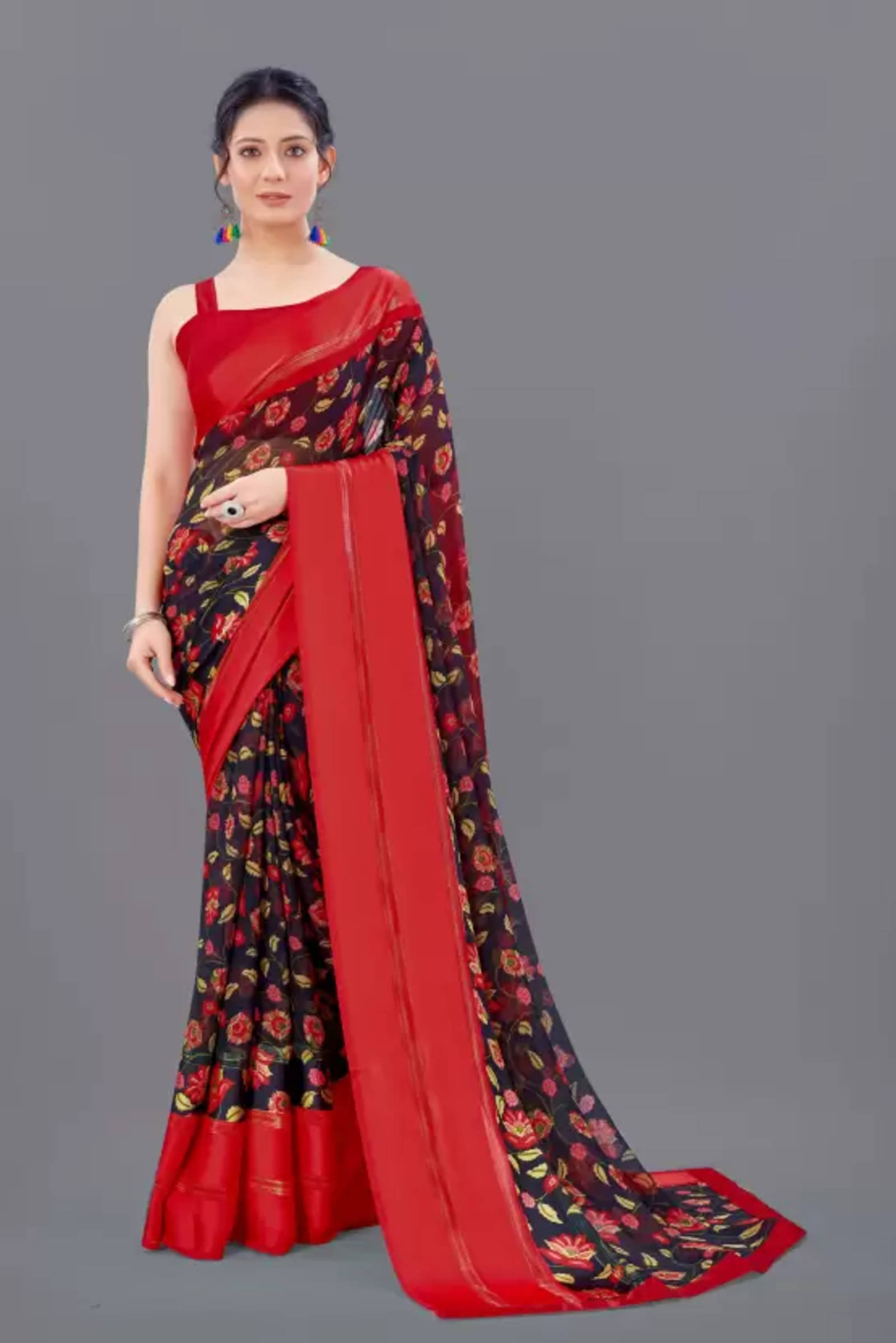 Sanjana Silk Georgette Printed Saree With Unstitched Blouse Piece ( Black ) Sanjana Silk Georgette Printed Saree With Unstitched Blouse Piece ( Black )