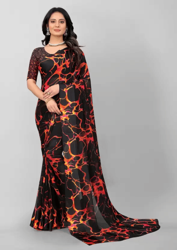     			Sanjana Silk Georgette Printed Saree With Unstitched Blouse Piece ( Black )