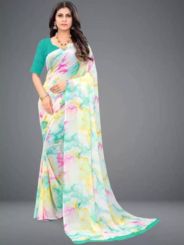 Sanjana Silk Georgette Printed Saree With Unstitched Blouse Piece ( Blue ) - Sarees | Buy online on ZillyBuy