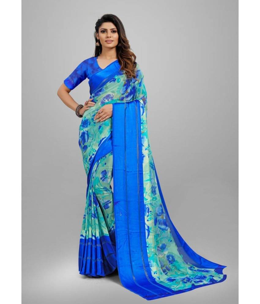     			Sanjana Silk Georgette Printed Saree With Unstitched Blouse Piece ( Blue )