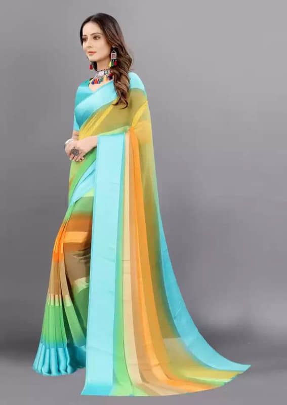 Sanjana Silk Georgette Striped Saree With Unstitched Blouse Piece ( Green ) - Sarees | Buy online on ZillyBuy