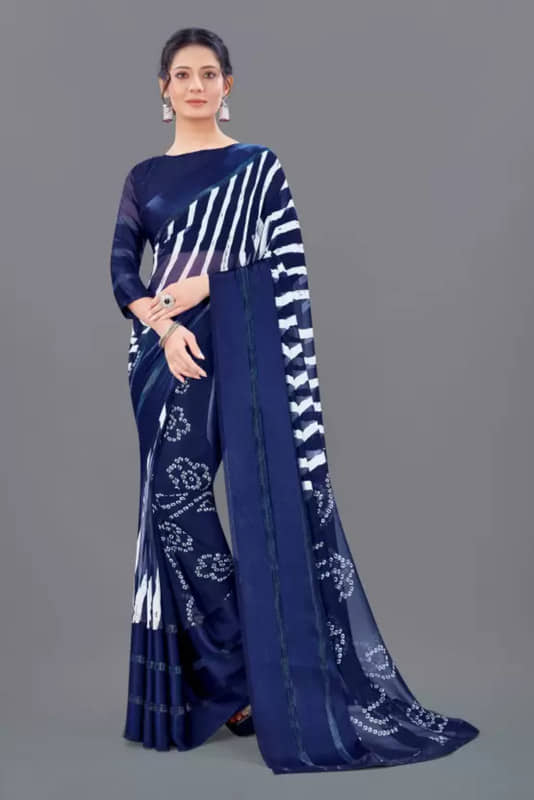 Sanjana Silk Georgette Printed Saree With Unstitched Blouse Piece ( Blue ) - Sarees | Buy online on ZillyBuy