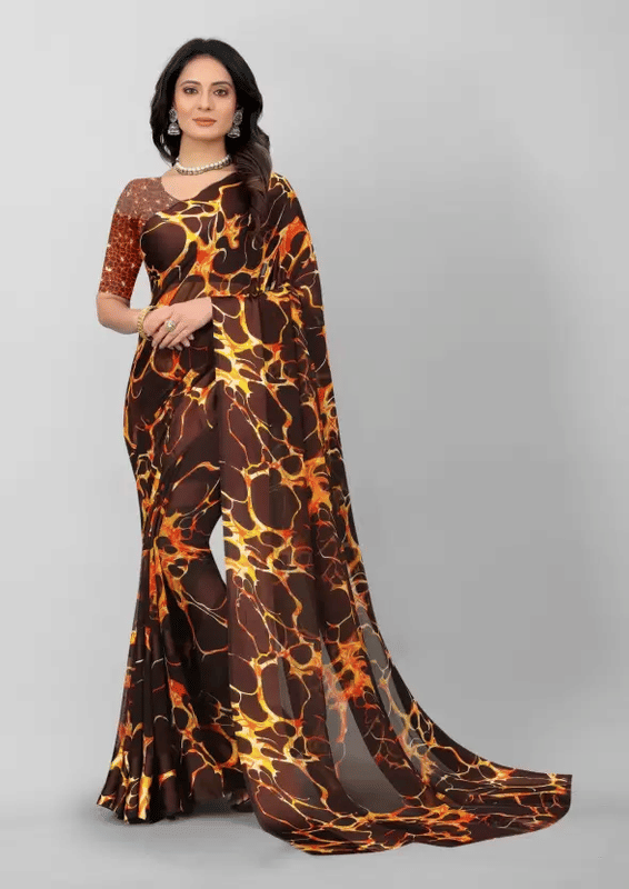     			Sanjana Silk Georgette Printed Saree With Unstitched Blouse Piece ( Brown )