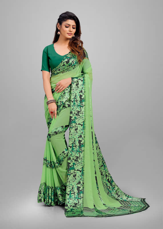 Sanjana Silk Georgette Printed Saree With Unstitched Blouse Piece ( Green ) - Sarees | Buy online on ZillyBuy