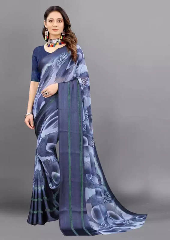     			Sanjana Silk Georgette Printed Saree With Unstitched Blouse Piece ( Navy Blue )