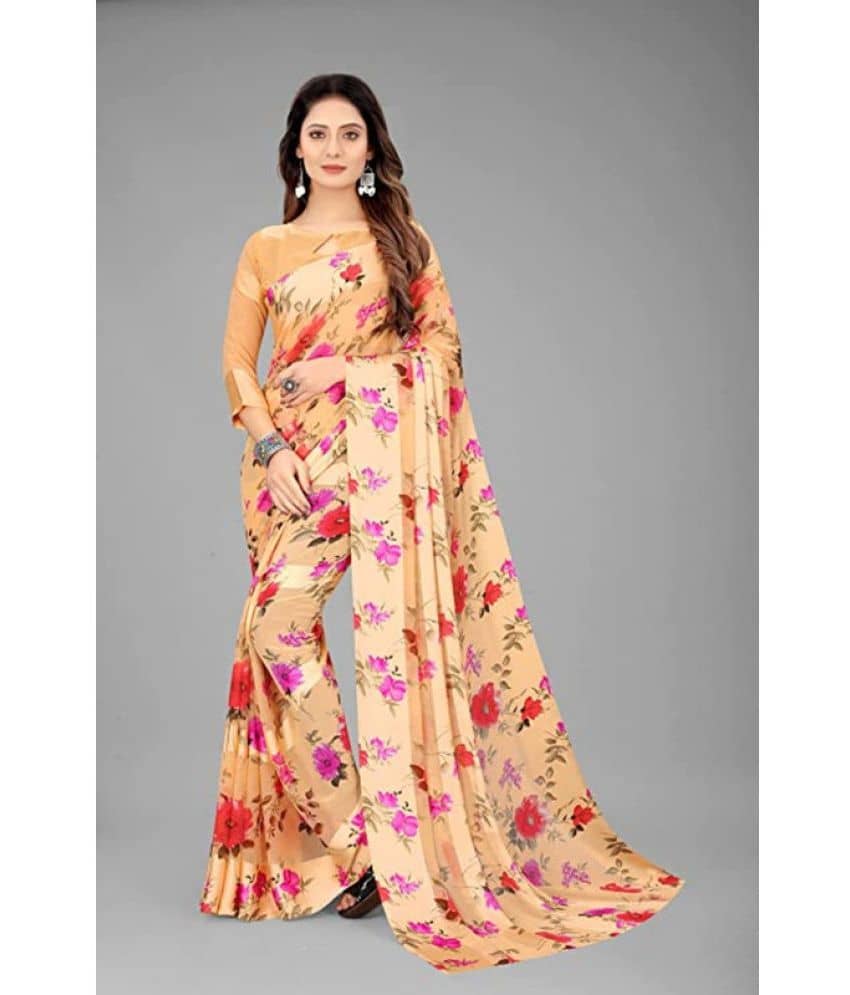 Sanjana Silk Georgette Printed Saree With Unstitched Blouse Piece ( Peach ) - Sarees | Buy online on ZillyBuy