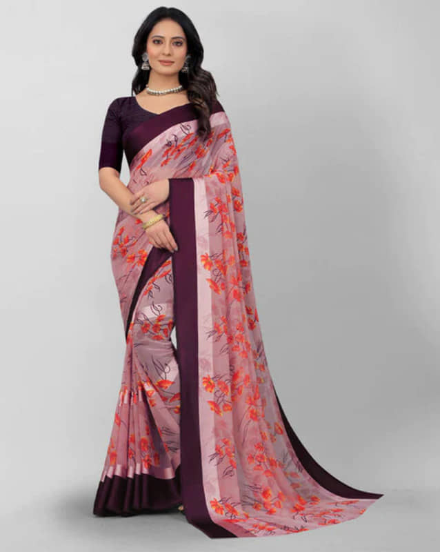 Sanjana Silk Georgette Printed Saree With Unstitched Blouse Piece ( Pink ) - Sarees | Buy online on ZillyBuy