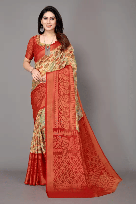 Sanjana Silk Brasso Printed Saree With Unstitched Blouse Piece ( Red ) - Sarees | Buy online on ZillyBuy