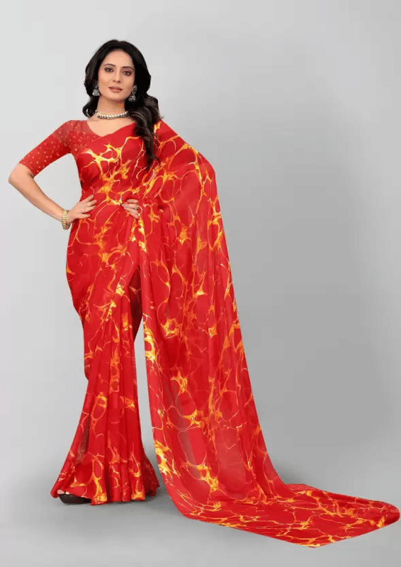 Sanjana Silk Georgette Printed Saree With Unstitched Blouse Piece ( Red ) - Sarees | Buy online on ZillyBuy