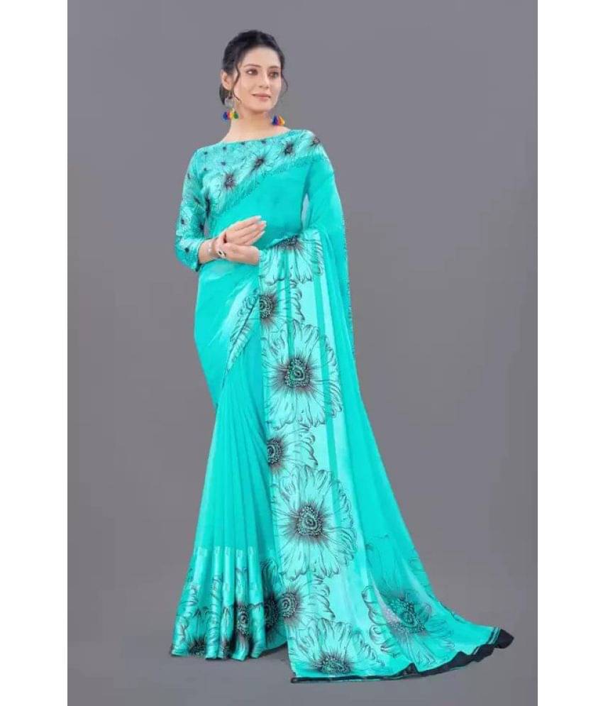     			Sanjana Silk Georgette Printed Saree With Unstitched Blouse Piece ( Turquoise )