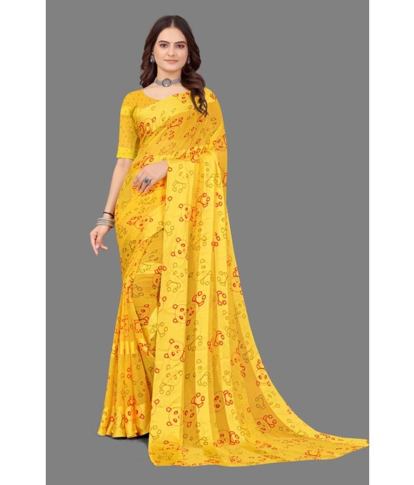 Sanjana Silk Georgette Printed Saree With Unstitched Blouse Piece ( Yellow ) Sanjana Silk Georgette Printed Saree With Unstitched Blouse Piece ( Yellow )
