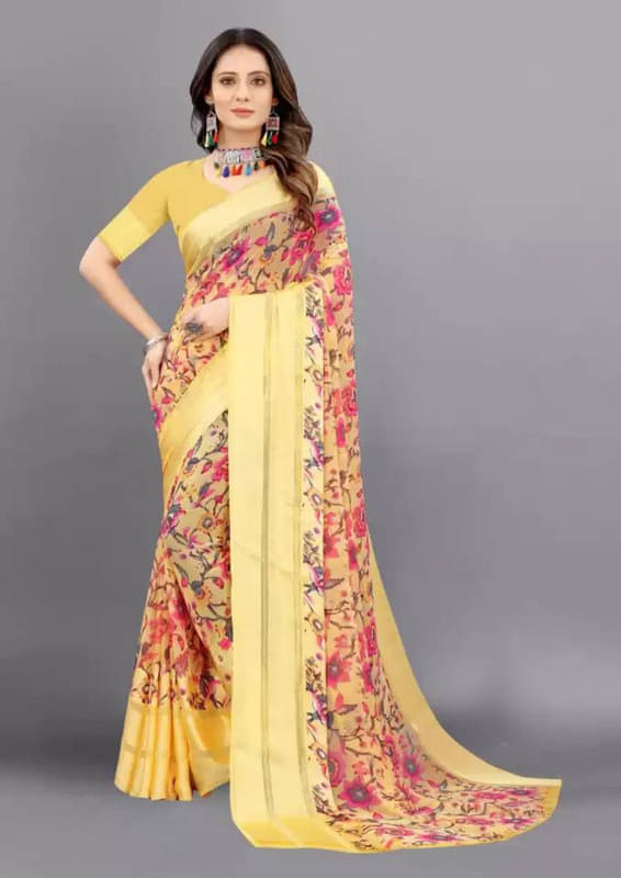 Sanjana Silk Georgette Printed Saree With Unstitched Blouse Piece ( Yellow )     			Sanjana Silk Georgette Printed Saree With Unstitched Blouse Piece ( Yellow )