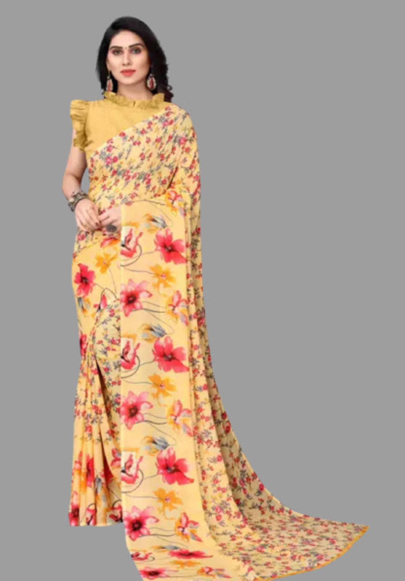 Sanjana Silk Georgette Printed Saree With Unstitched Blouse Piece ( Yellow )     			Sanjana Silk Georgette Printed Saree With Unstitched Blouse Piece ( Yellow )