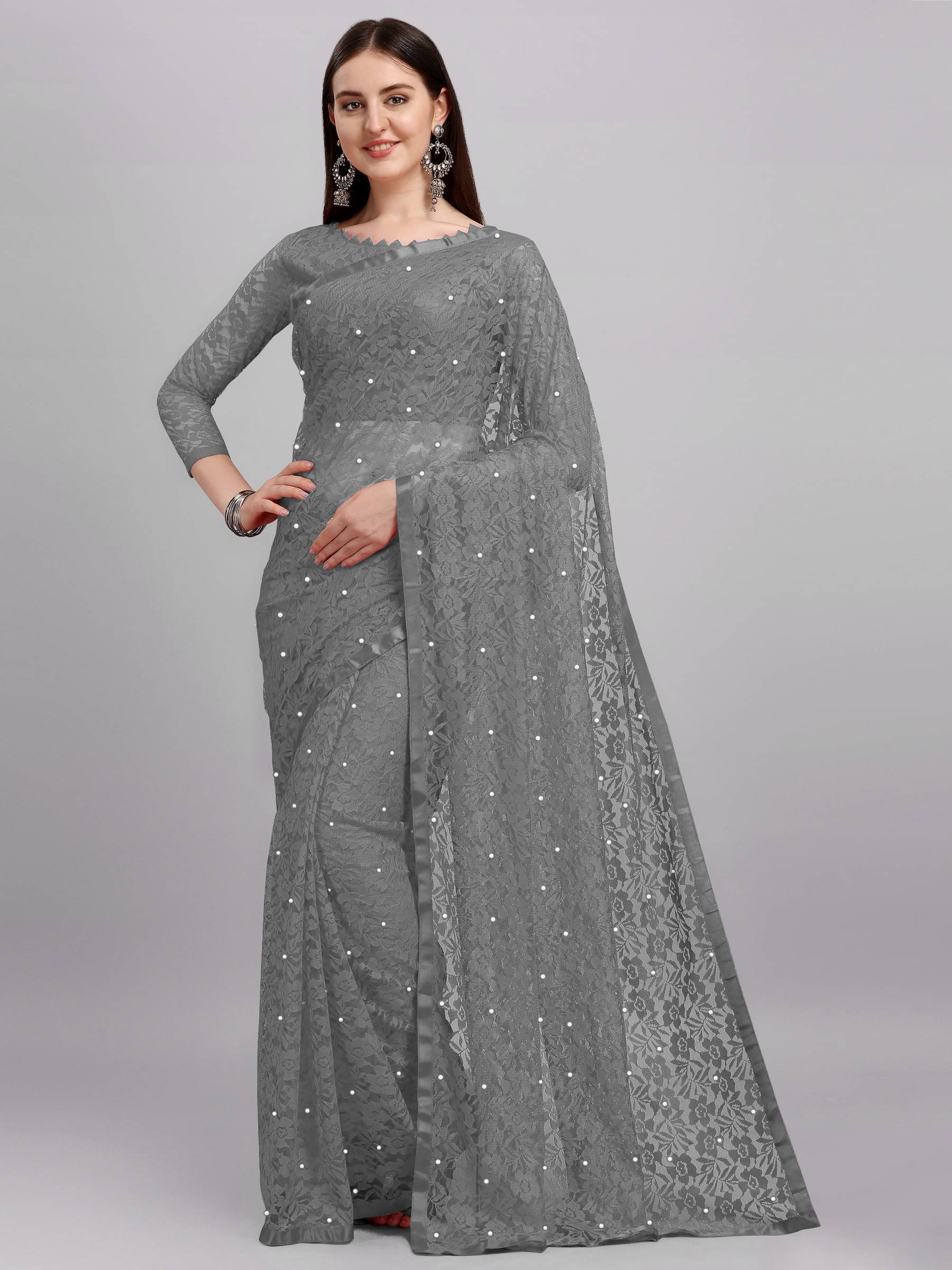 VANRAJ CREATION Net Self Design Saree With Unstitched Blouse Piece ( Grey ) VANRAJ CREATION Net Self Design Saree With Unstitched Blouse Piece ( Grey )