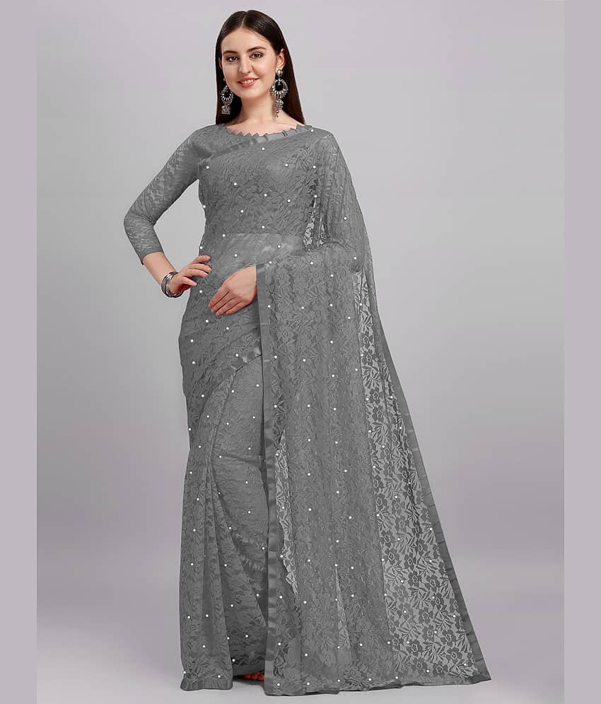 VANRAJ CREATION Net Self Design Saree With Unstitched Blouse Piece ( Grey ) - Sarees | Buy online on ZillyBuy
